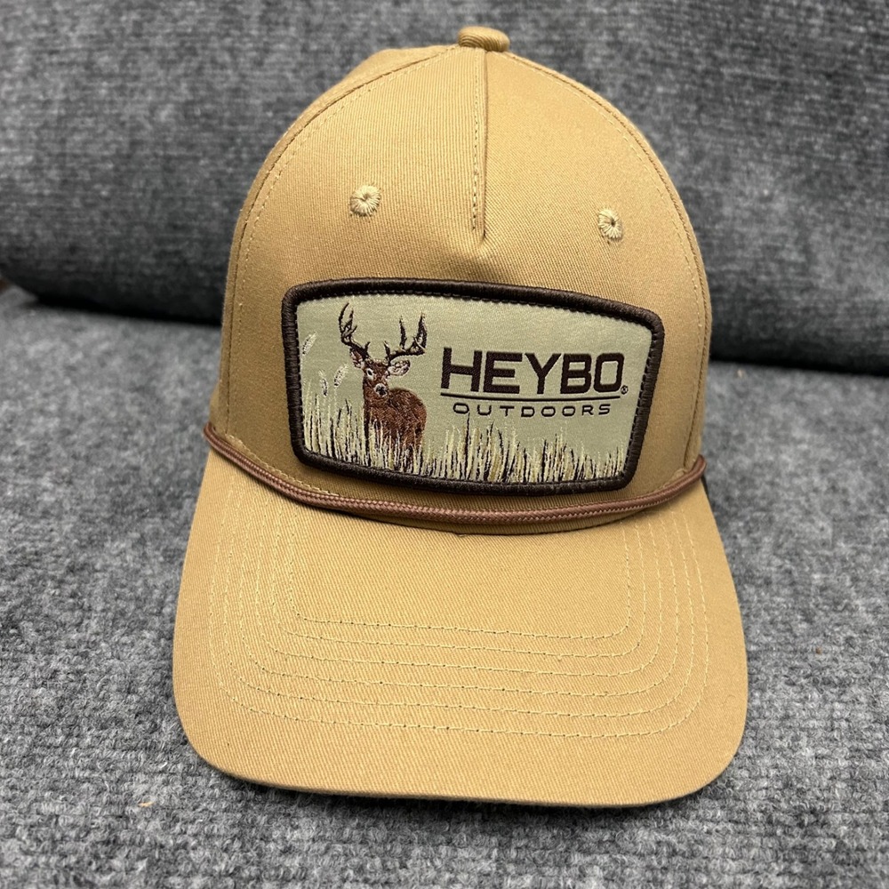 Heybo Outdoors Deer Patch Snapback Hat Tan Khaki Rope Trucker Cap OSFM